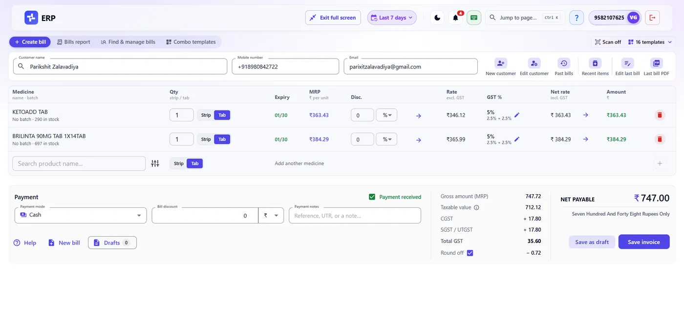 GST invoicing with draft and park-a-bill feature